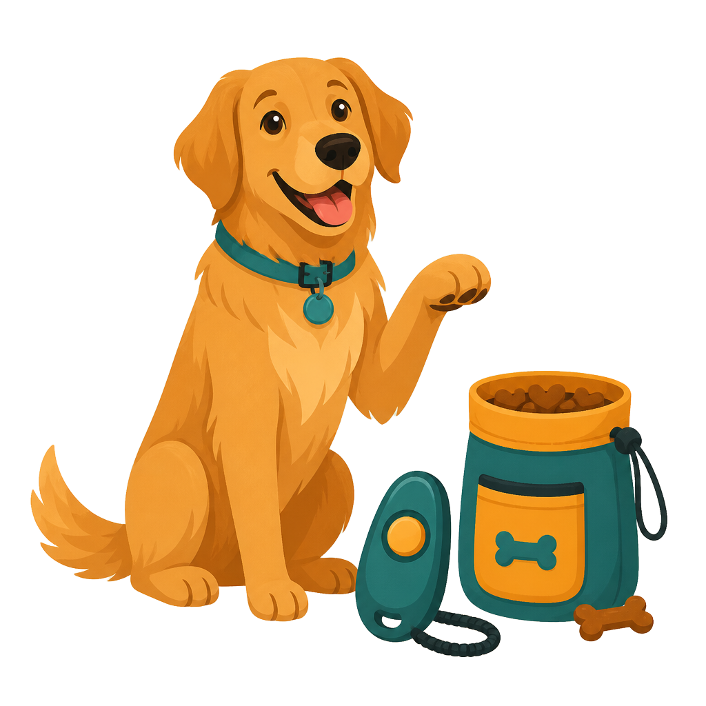 Ilustración de un perro contento junto a un clicker y una bolsa de premios de entrenamiento